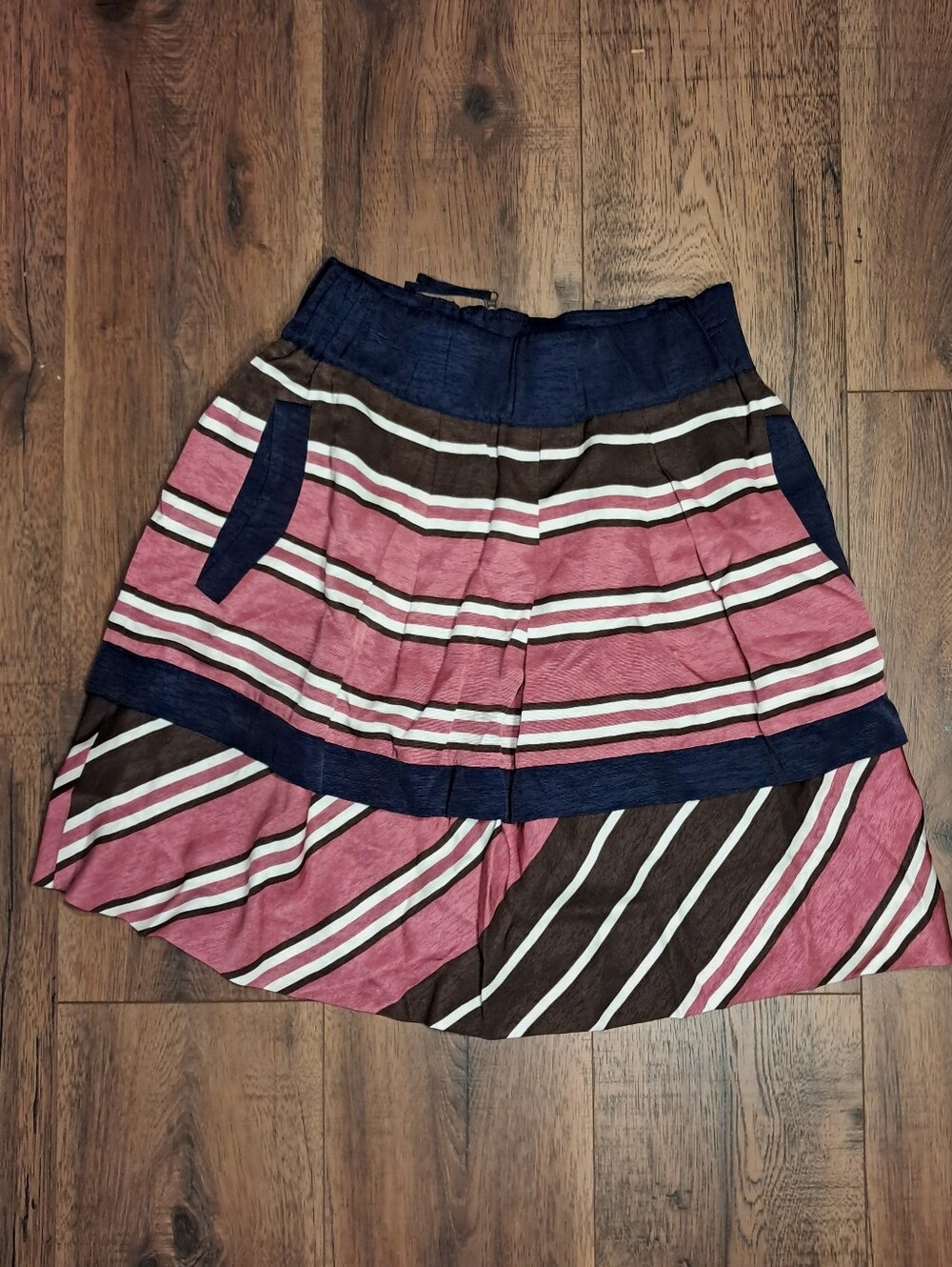 Anthro Maeve Striped Circle Skirt in Pink, Brown & Navy